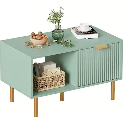 FURNITURE HMD Coffee Table with 1 Storage Drawer Wooden Rectangle Sofa Side Table with Open Shelf for Living room Bedroom Lounge,Space Saving, Gold Metal Legs,Green,87x50x50cm (1/5)