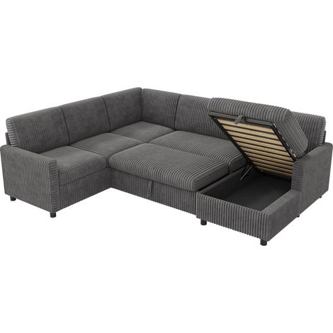 Sofá Panorámico en U con Función Cama, Almacenaje Oculto, Terciopelo de Canalé Gris 274 x 220 x 85 cm (1/5)