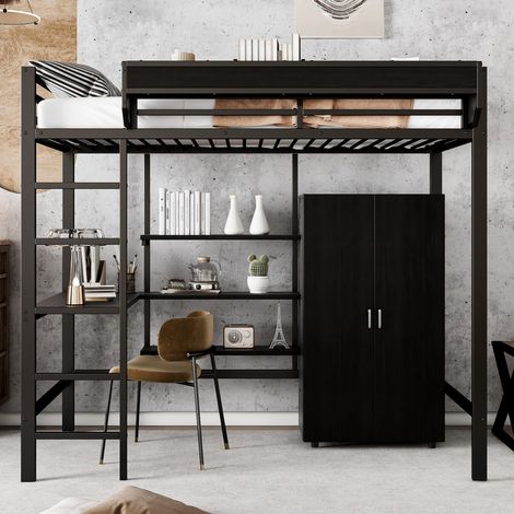 Lit superposé en fer, idéal pour enfants et adolescents, avec table et armoire, nombreux rangements, échelle à 5 marches, fer et panneaux de particules, noir, 90x200cm, garantie 2 ans