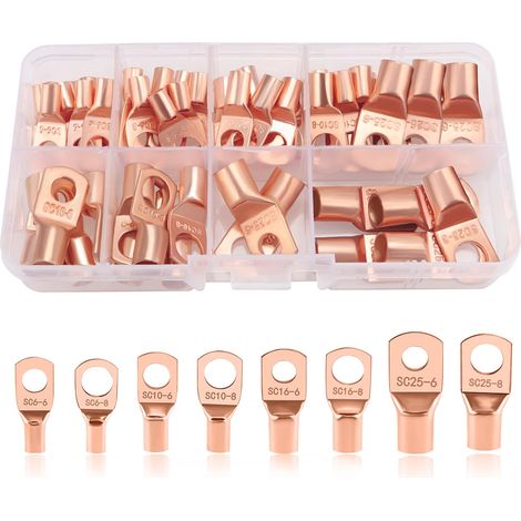 60-Piece Ring Terminals Set, Tubular Battery Cable Ends, Copper Cable Lugs, for Car, Motorcycle, Boat, Golden (1/5)