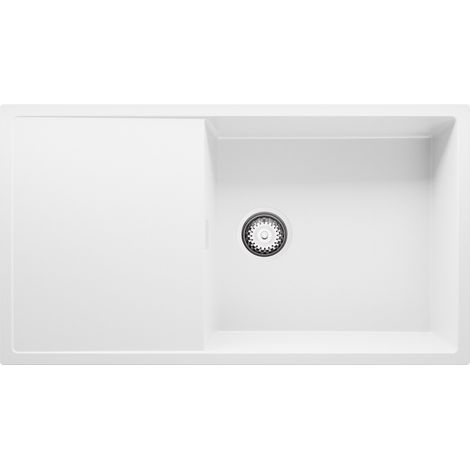 PRIMAGRAN Evier Cuisine en Granit 90x50cm, Lavabo 1 bac + Kit de Vidage, Évier à Encastrer au meuble 60cm - Ibiza, Blanc