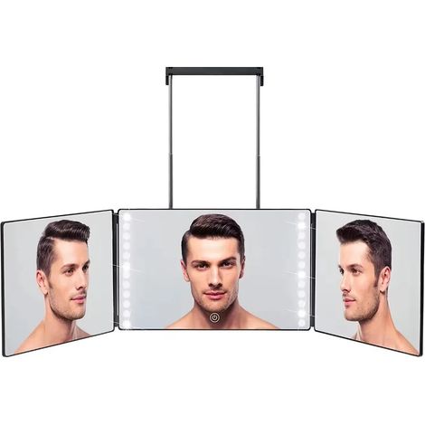 Miroir de maquillage LED pliable en trois parties avec lumière, hauteur réglable et 3 options de coiffure. (1/5)