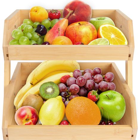 Bambus-Obstkorbständer, Obstkorb-Aufbewahrungshalter, 2-stöckiger Obstkorb, dekorativer Obstschalen-Organizer, Gemüse-, Brot- und Küchenregal