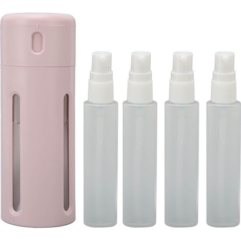 Bouteille distributeur de voyage 4-en-1 rotative rechargeable vide rose pour shampoing et après-shampoing (1/5)