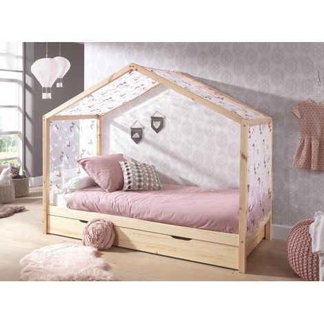 Lit cabane gigogne 90x200 avec voile pin massif clair Kobi