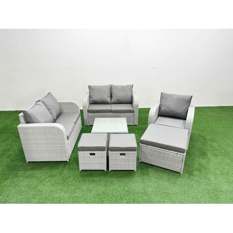 Fimous High Back Poly Rattan Garden Furniture Set with Reclining Chair Loveseat Sofa Square Coffee Table Indoor Outdoor Patio Set 3 Stools Light Grey (1/4)