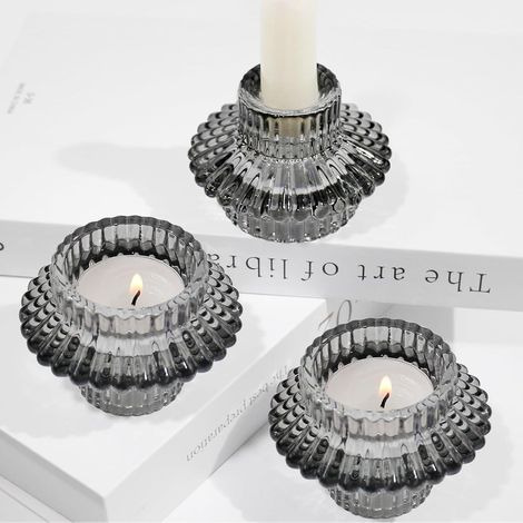 Lot de 3 bougeoirs en verre 2-en-1 pour bougies fines et chauffe-plats, gris (1/5)
