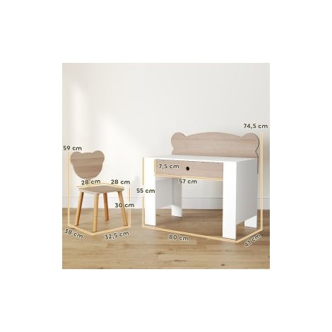 Ensemble bureau enfant 80x41x74,5 cm en bois naturel, avec rangement pour chambre, FloraGrace (1/5)