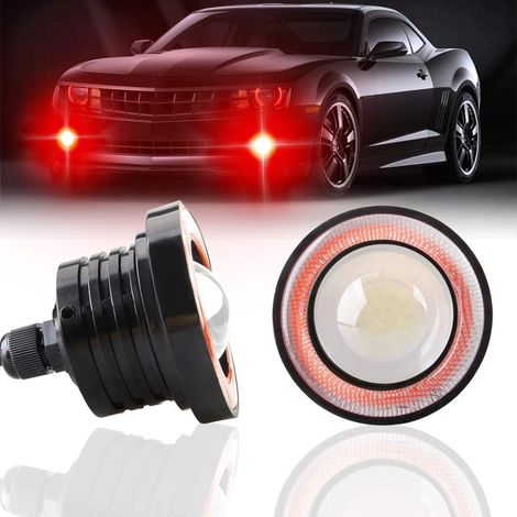 Lot de 2 phares antibrouillard LED universels ultra-lumineux de 7,6 cm (3 pouces), 12 V, 10 W, anneaux halo COB rouges, feux de jour (DRL) pour moto et voiture. (1/5)