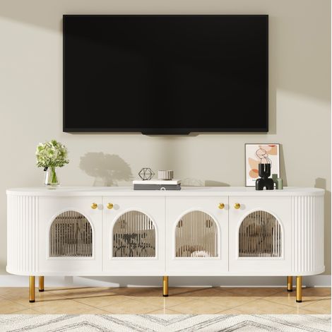 Mobile TV 170x35x55 cm bianco e oro in MDF - 4 ante in vetro e passacavi (1/5)