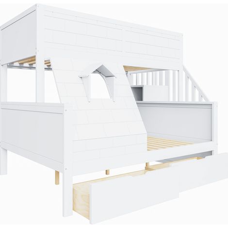 Lit mezzanine enfant blanc 90 x 200 / 140 x 200 avec escalier de sécurité, tiroirs et fenêtre HOMVRA (1/5)