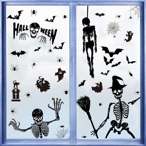 Halloween-Dekorationen: Halloween-Aufkleber mit Fledermäusen, gruseligen Spinnen, Hexen und Totenköpfen schaffen eine schaurige Atmosphäre und können Ihren Raum aufhellen. (1/4)