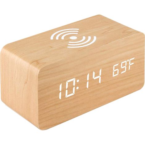 Réveil Digital Chargeur Sans Fil Bois Affichage Température Luminosité Réglable Design Moderne Décoration Chambre Cadeau Idéal (1/5)