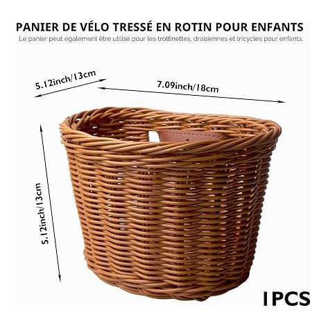 Panier de vélo pour enfant avant amovible : panier de voiture en rotin tressé avec sangles en cuir, panier de vélo universel pour filles et garçons Panier de vélo stable pour la plupart des vélos (1/4)