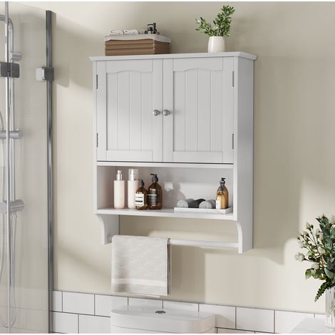 Armoire de salle de bain murale 56.8x19x70 cm blanche en MDF avec étagères réglables et porte-serviettes (1/4)