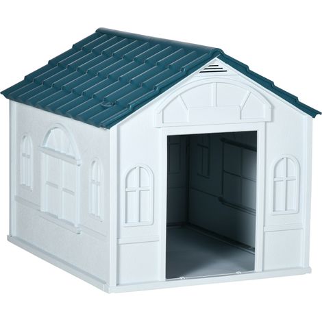 Niche chien extérieur bleue, toit incliné avec porte avant ouverte, pour gros et moyens chiens, 84,2 x 98,2 x 82 cm (1/5)
