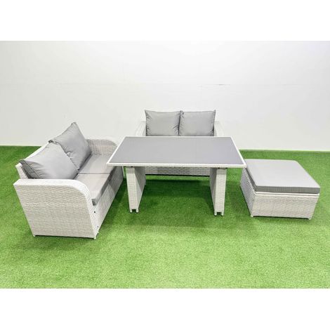 Fimous 4 Pieces Outdoor PE Rattan Sofa Set Patio Garden Furniture Sets with Cushions Big Stool Light Grey (1/4)