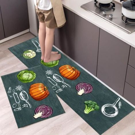 2 Pièces Tapis de Cuisine Devant Evier - 40 x 60cm et 40 x 120cm - Vert - Antidérapant - Rectangulaire - Tapis de Sol de Salon