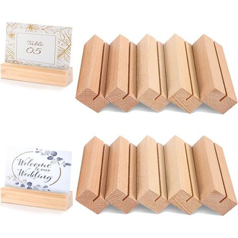 Set di 10 portacarte in legno robusti e resistenti. Adatti come segnaposto, menù, portacartoline e portafoto. Perfetti per matrimoni, feste e altre occasioni. Include supporto in legno. Colore legno.
