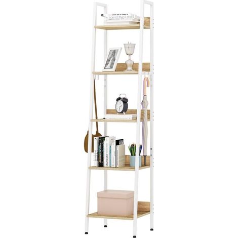 5-stufiges Leiterregal mit 4 abnehmbaren Haken, Vintage-Industrie-Stil, Metallrahmen, MDF, weiß, 40 x 170 x 36 cm. (1/4)