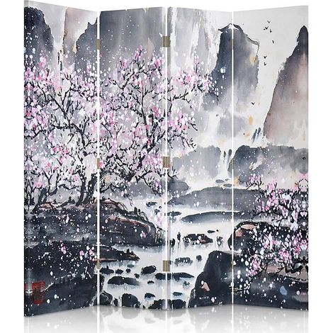 Paravent Décoratif Cerisier Rose - Charme Asiatique 4 Volets - 145 x 180 cm - 1 face déco, 1 face noir (1/5)