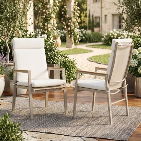 Lot de 2 chaises de salle à manger d'extérieur beige avec accoudoirs en bois, assise en tissu respirant, structure en fer galvanisé et coussin confortable - CHICFURN (1/5)