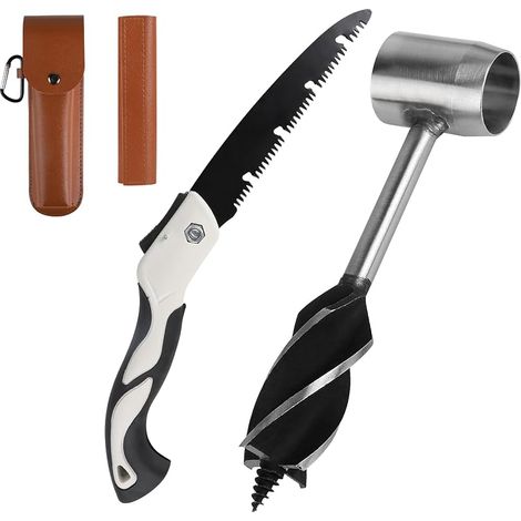Bushcraft-Handbohrer, φ25 x 160 mm, Stahl-Handbohrer mit brauner Ledertasche und 180-mm-Klappsäge, Überlebenswerkzeug für Outdoor-Abenteuer, Camping und Holzbearbeitung (1/5)