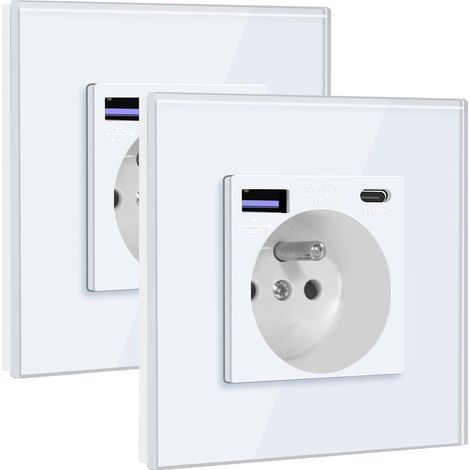Prise Murale avec USB C PD20W Blanc,Prise à Encastrer,16A Prise de Courant Alternatif avec Panneau en Verre,Chargeur Rapide Multiprises avec 1 USB-C 20W, Idéal pour Maison et Bureau, 2 Pack (1/5)