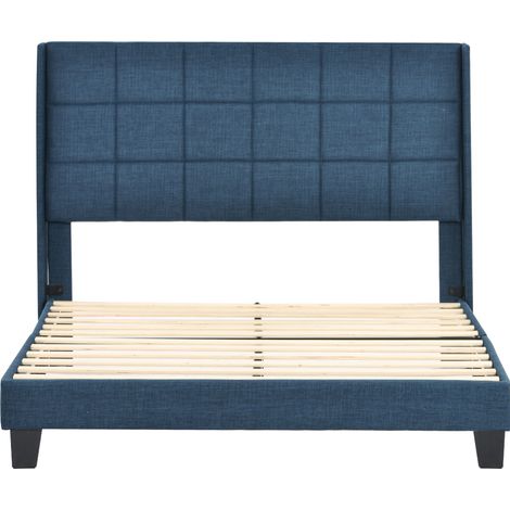 Letto matrimoniale capitonné blu in lino 140 x 200 cm con rete a doghe (1/5)
