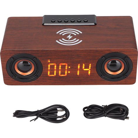 Enceinte Bluetooth sans fil 10 W, chargement sans fil, réveil rétro en bois, compatible avec téléphones portables et tablettes (1/5)