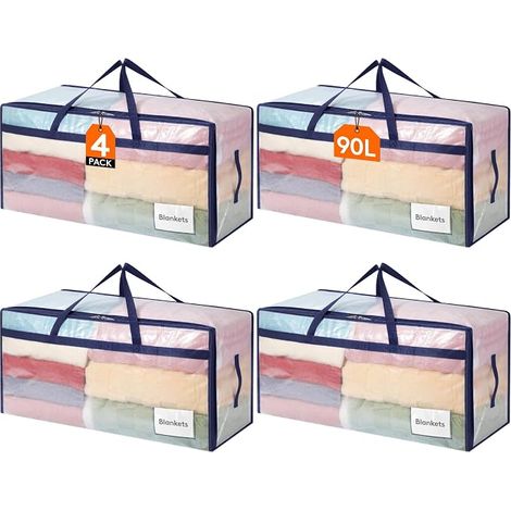 Sacs Rangement Vetement, Sac Demenagement avec Poignées, Housse Rangement Couette, Boite Rangement Pliable, Transparent, 90 L (1/5)