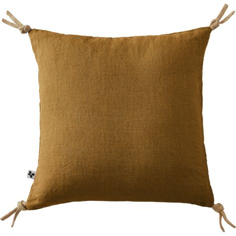 Coussin 45 x 45 cm en lin lavé caramel avec 4 nouettes en jute - LUISA (1/5)
