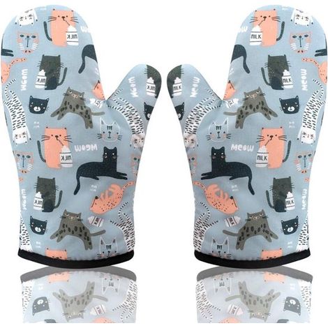 Gants de cuisine résistants à la chaleur - Gants de cuisson antidérapants - Respirants et durables - Pour la Cuisine et le BBQ - Gants de cuisine avec boucle - Motif chat - Lot de 2 (1/5)