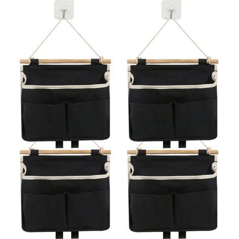 Organisateur mural suspendu - Sacs de rangement muraux en lin et coton - Organisateur imperméable - Pour salon, salle de bain, chambre - Sac suspendu pour magazines - Noir - Lot de 4 (1/5)