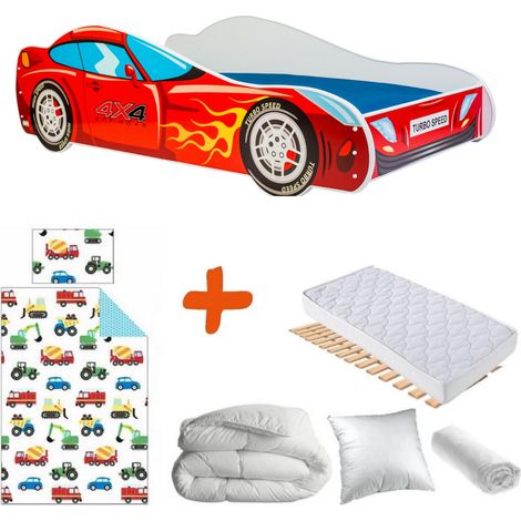 Lit voiture de course rouge TURBOSPEED 140 x 70 cm – MDF et mousse – Matelas inclus – Parure de lit véhicule – Bebegavroche