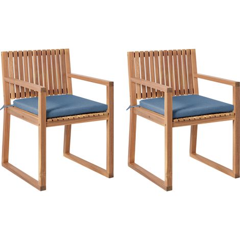 Conjunto de 2 sillas de jardín rústico con cojines madera de acacia certificada tela marrón y azul Sassari Premium