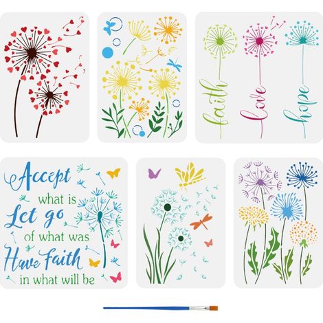 6Pcs Pochoirs de Pissenlit Avec Pinceau 6Styles Pochoirs Créatifs pour la Peinture de Pissenlits Pochoir Papillon Libellule Pochoir de Décoration pour Plantes pour Plancher en Bois (1/5)