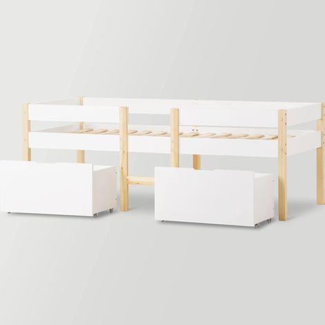 Children's bed with drawer and safety rail in solid pine, Children's Furniture, Loft Bed - 90 x 200 cm - White and oak (200 x 90 cm) (1/5)