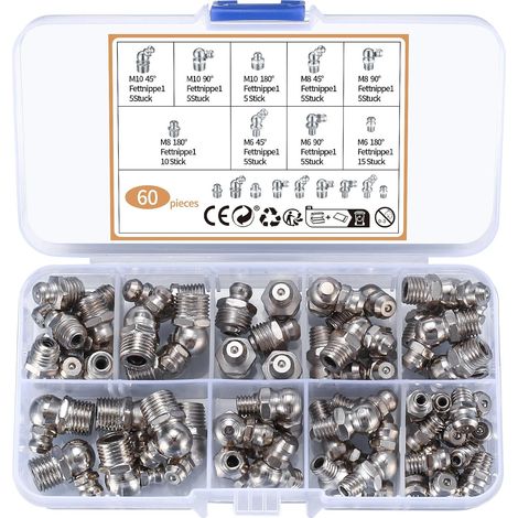 60 Pièces Assortiment de Graisseurs, Filetés de Graissage, M6 M8 M10 Raccords de Graisse, Raccords Filetage Mâle Graisseurs droit/45°/90° pour Équipement Mécanique graisseur a Visser (1/5)