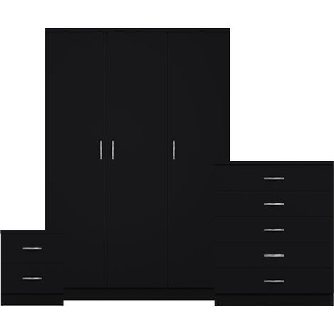 Riano 3 Piece Bedroom Set (2 Drawer Bedside Chest, 5 Drawer Chest, 3 Door Wardrobe), Black (1/3)