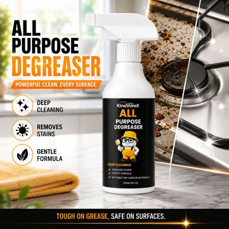 Spray détachant multifonctionnel KineShineX pour graisses tenaces : dissout en profondeur les graisses incrustées et nettoie efficacement. Nettoyant dégraissant multi-usages. (1/4)