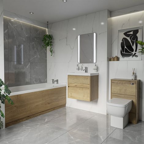 Barton 1700mm x 750mm Slim Edge Straight Single Ended Bathroom Suite including Autumn Oak Furniture Set with Slim Edge Basin (1/5)