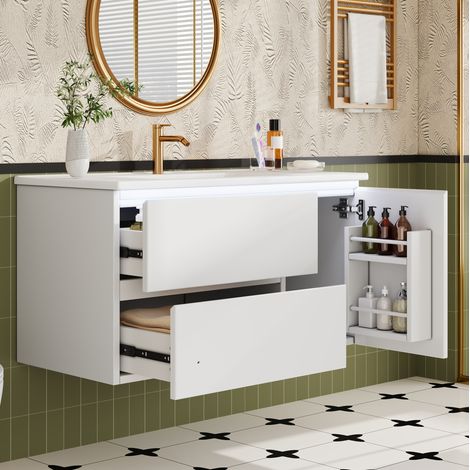 Mueble bajo lavabo suspendido con led de sensor radar y 2 cajones, blanco, 91,5x46,5x50,5 cm (1/5)