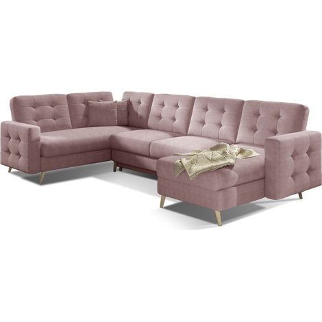 Sofá panorámico convertible en U HASGARD 326 cm rosa chenilla con cofre (1/3)