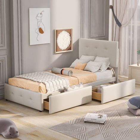 Lit enfant 90x200cm avec espace de rangement,lit simple 90x200 cm,lit rembourré, lit tiroir,sommier à lattes,sans matelas,en tissu velours,Beige (1/5)
