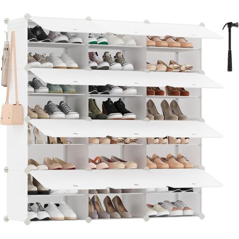Étagère à Chaussures 12 Compartiments, Étagère de Rangement Modulable, Compartiment de 30 x 40 x 30 cm, Porte, Cadre en Acier, Plastique, pour Couloir, Chambre, Entrée, Blanc Nuage LPC040W02 (1/5)