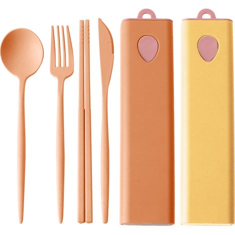 Couverts En Paille De Blé - Ensemble De 4 Pièces Par Set - Boîte De Rangement Portable - Pour Pique-Niques Voyages Et Usage Quotidien - 2 Sets (1/5)