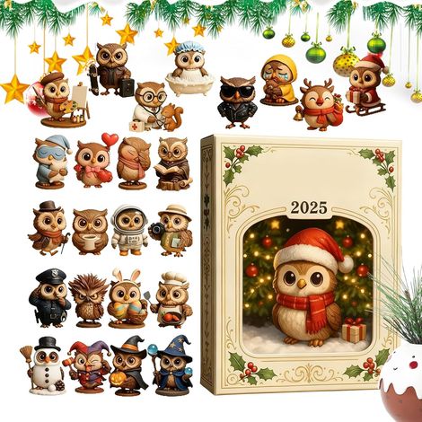 Eulen-Adventskalender 2025, 24 Acryl-Anhänger (2D), Familienspielzeug, 28 x 16 x 3 cm