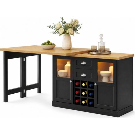 ELVMI Mesa de Comedor Extensible con 2 Cajones, 2 Puertas de Vidrio, Botellero de 9 Huecos y LED, 120-197 x 40 x 72 cm (1/5)