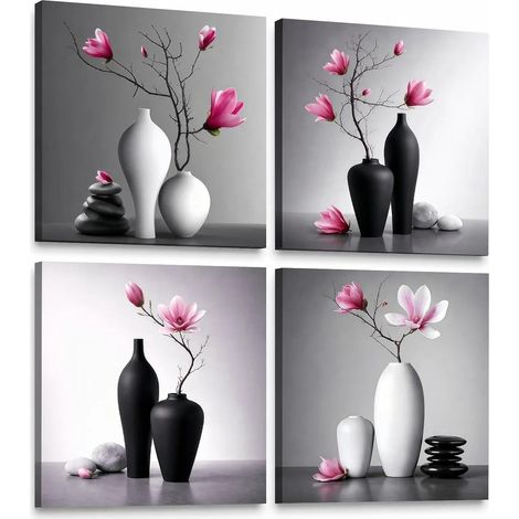 Lot de 4 tableaux muraux pour salon - 30 x 30 cm - Magnolia - Avec cadre en bois (1/5)